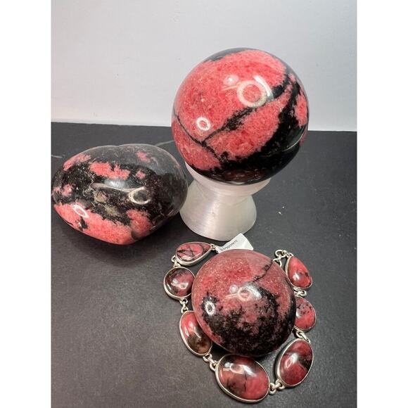 New Rhodonite free form sterling silver link bracelet - Picture 11 of 11